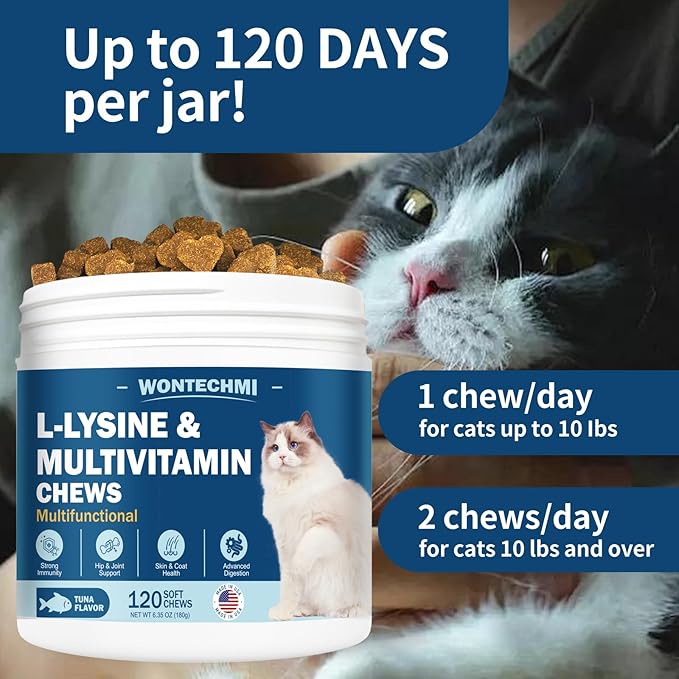 L-Lysine Supplement for Cats, Cat Vitamins for Sneezing, Runny Nose, Cold, Immune Support, Eye Function and Respiratory Health, Natural Lysine Cat Treats (120 Chews, Tuna)-Mewly Pet