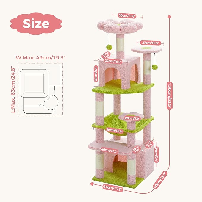 PAWZ Road Cat Tree, 53.5 Inches Tall Cat Tower with Spacious Hammocks, Condos and Scratching Posts, Cat House with Dual Padded Perches for Indoor Large Cats-Pink-Mewly Pet