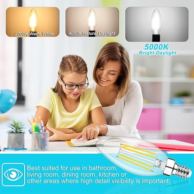 Cotanic Dimmable E12 Candelabra LED Bulb 5000K Daylight 60W Equivalent, Ceiling Fan Light, Type B Candle C35 Filament Chandelier Clear Glass, 600LM, 6 Pack