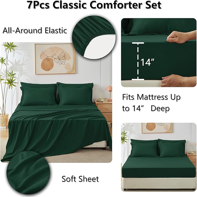 CozyLux King Size Comforter Set Emerald Green - 7 Pieces Bed in a Bag King, Luxury Soft Bed Set for All Seasons, Bedding Set with Down Alternative Comforter, Sheets, Pillowcases & Shams