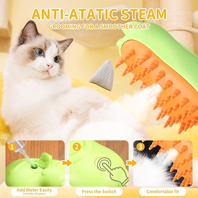 Rechargeable 3in1 Self-Cleaning Steam Grooming Brush for Cat and Dog Shedding - 2 Gears for Long/Short Hair - Green-Mewly Pet