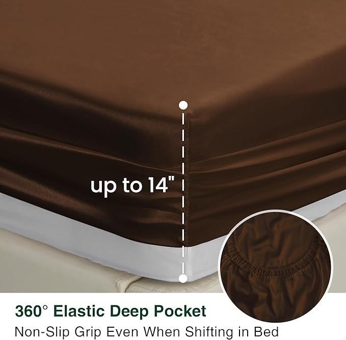 Love's cabin Satin King Sheet Sets - 4 Piece Brown Silky Sheets King Size Bed with Deep Pocket, Luxury Silk Feel King Size Satin Sheet Set (1 Flat Sheet,1 Fitted Sheet,2 Pillow Cases)