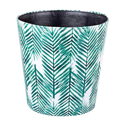 Paper Wastebasket Without Lid PU Leather Round Decorative Trash Bin Garbage Can Dustbin for Hotel Dormitory Kitchen Bedroom Bathroom Office Green Leaves