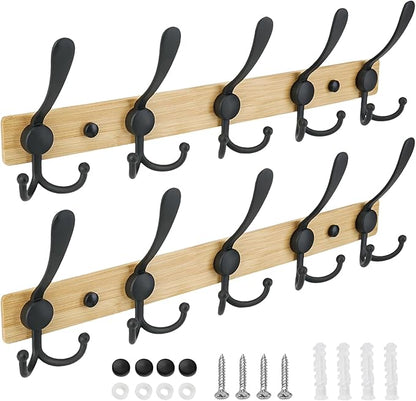 TICONN Wall Mounted Coat Rack, Five Heavy Duty Tri Hooks All Metal Construction for Jacket Coat Hat in Mudroom Entryway (Wood Black, 2-Pack)