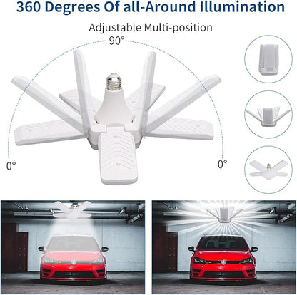 LED Garage Lights 2 Pack, The New 100W Deformable LED Shop Lights with 5 Adjustable Panels, E26/E27 LED Ceiling Light, 10000LM 6500K Hight Bay Light for Basement Warehouse Workshop