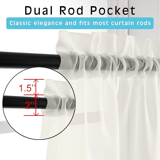 OWENIE Sheer Curtains Ivory, 45" Long Light Filtering Tiers for Kitchen, Bedroom, Short Panels Rod Pocket 2 Panels, Cafe Curtains Small Window, 42" W x 45" L