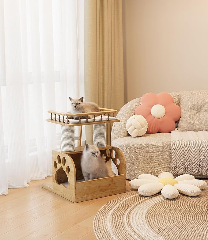 Modern Solid Wooden Cat Tree Tower, 25" Luxury Cats Trees Condo with Scratching Post, 2 Level Heavy Duty for Cat Tower Indoor Cats Adults, Natural Cats Tree House with Washable Cushions-Mewly Pet