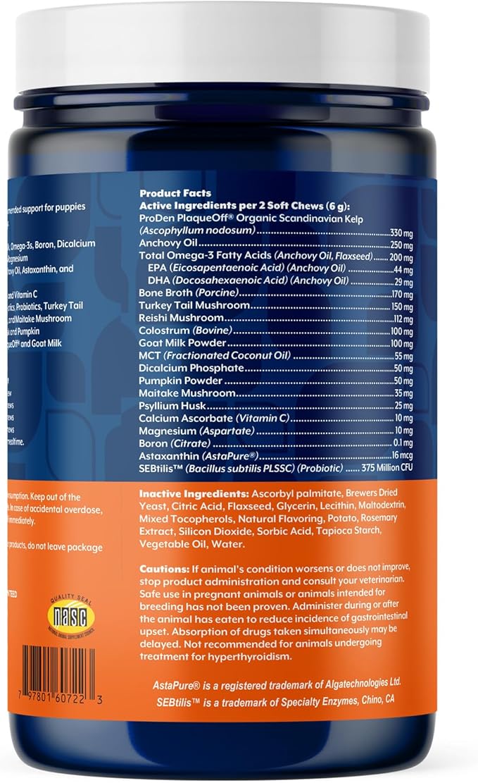 NaturVet All-In-One Puppy Daily Care, 6-In-1 Support Dog Soft Chews to Help Bones, Joints, Digestion, Teeth, Cognition, and More, Hickory Smoked Bacon Flavored Pet Supplement for Puppies, 60 Count Jar-Mewly Pet