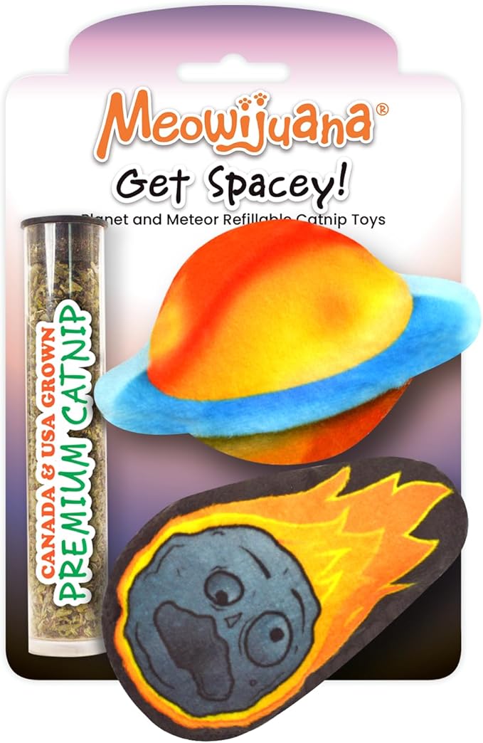 Meowijuana Refillable Cat Toys | Get Spacey - Planet and Meteor Catnip Toys | Includes Potent Hand Harvested Catnip Grown in North America | Promotes Play and Cat Health-Mewly Pet