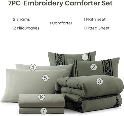 MaiRêve Olive Green Embroidery Comforters Set Queen Size - 7 Pieces, Farmhouse Western Bedding All Season Bed in A Bag Queen, Boho Comforter Set with Sheets, Pillowcases & Shams