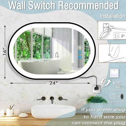 24 x 16 Inch Black Oval LED Vanity Mirror with Lights Smart Memory 3 Color Dimmable AntiFog Black Frame Oval Lighted Mirror for Bathroom Wall Horizontal Vertical Mount Ovals Light up Mirrors