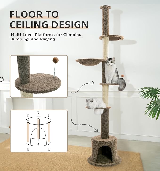 Made4Pets Floor to Ceiling Cat Tree 93-106'',Tall Cat Tower 5 Tiers, Adjustable Height, Stable Cat Tree Tower with Scratching Posts, Fluffy Condo, Hammock and Ball Toy for Indoor Cats/Kitten, Brown-Mewly Pet