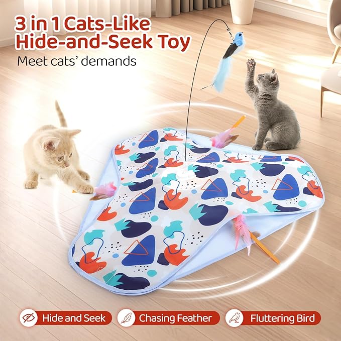Interactive Cat Toys, Rechargeable Hide and Seek Cat Toys, Durable Stable Base Touch Activated Kitten Toy with Bird Cat Wand, Waving Concealed Feather Exercise Toy for Indoor Bored Cats/Kitten-Mewly Pet