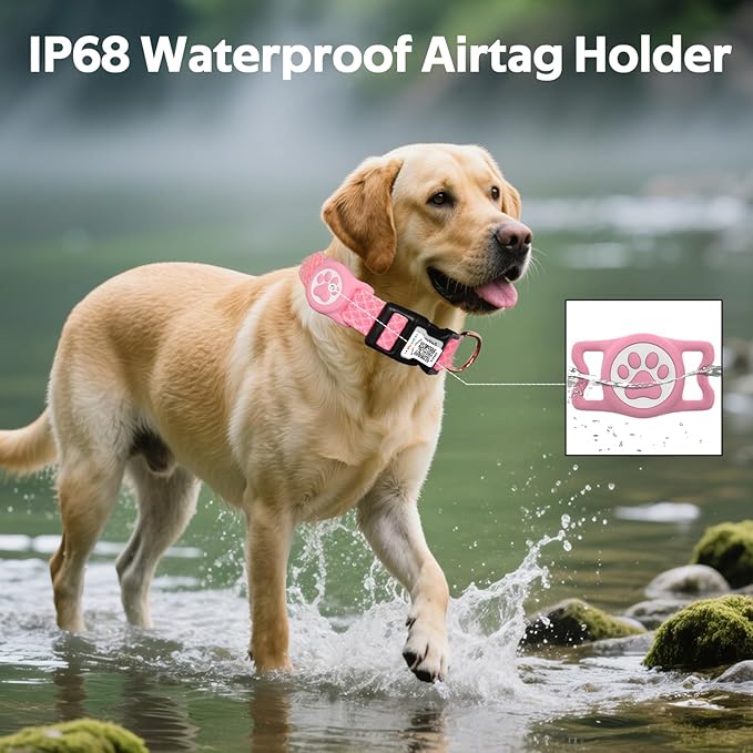 Dog Collar with Waterproof AirTag Holder & Anti-Lost QR Code, Cute Bling Warpping Adjustable Width for Small Medium Large Pet (Red, M)-Mewly Pet