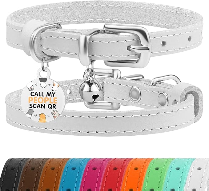 BRONZEDOG Leather Cat Collar with Removable Bells Non Breakaway Kitten QR Tag for Girl Boy (7" - 9" for Cats, White & Silver)-Mewly Pet