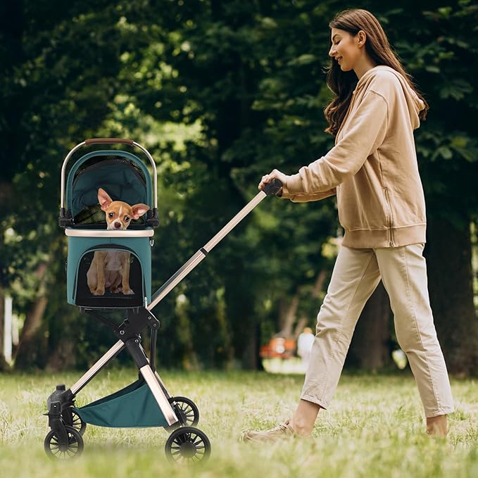MoNiBloom 3 in 1 Pet Stroller with Adjustable Handle, Jogging Stroller w/Detachable Carrier & Lightweight Aluminum Frame for Dogs Cats, Hunter Green-Mewly Pet