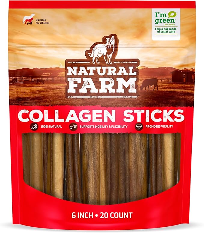 Natural Farm Collagen Sticks (6 Inch, 20 Pack). Odor-Free, 95% Natural Collagen Dog Chews, Supports Healthy Joints, Skin & Coat - Best Rawhide Alternative for Small & Medium Dogs-Mewly Pet