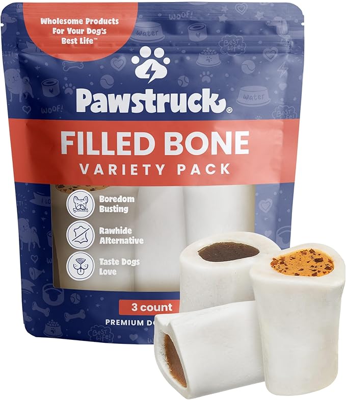 Pawstruck Small 3” Filled Dog Bones Variety Pack - Peanut Butter, Cheese & Bacon, Beef Flavors - Made in USA Long Lasting Stuffed Femur Treat for Aggressive Chewers - Pack of 3 - Packaging May Vary-Mewly Pet