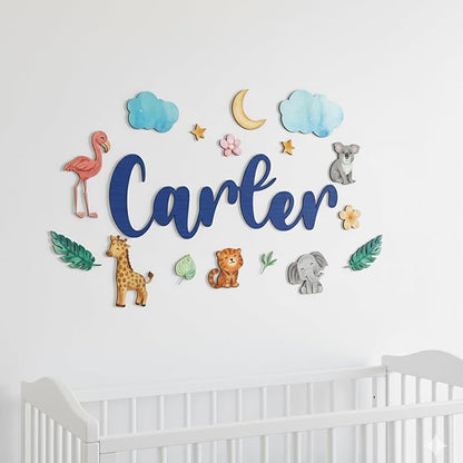 Custom Nursery Name Sign with Themed Decor Kit | Personalized Wooden Wall Art for Baby, Kids Room | Space, Jungle, Circus, Under The Sea, Woodland, Rainbow (10", Jungle/Safari)