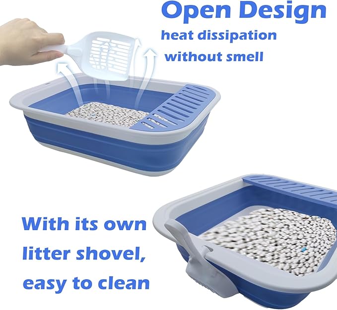 Collapsible Small Cat Litter Box,Open Top Cats Litter Pan with Scoop Foldable Shallow Kitten Potty Toilet Waterproof Cat Travel Litterbox Anti-Splashing Low Entry Semi-Enclosed Easy Clean(Blue)-Mewly Pet