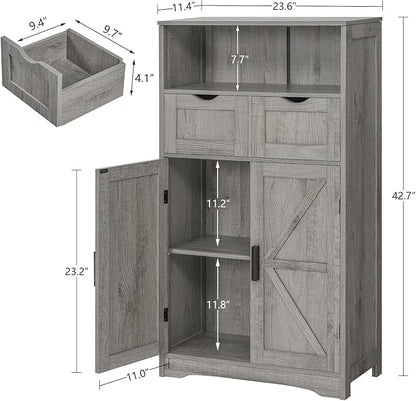 WEENFON Bathroom Cabinet, Storage Cabinet with 2 Adjustable Drawers & 2 Barn Doors, Standing Cupboard with 2 Shelf, Floor Cabinet for Living Room, Home Office, Kitchen, Grey