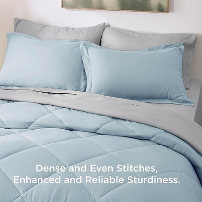 Bedsure Queen Comforter Set - 7 Pieces Reversible Sky Blue Bedding, Queen Size Bed Set for All Seasons, Bed in a Bag with Down Alternative Comforter, Sheets, Pillowcases & Shams
