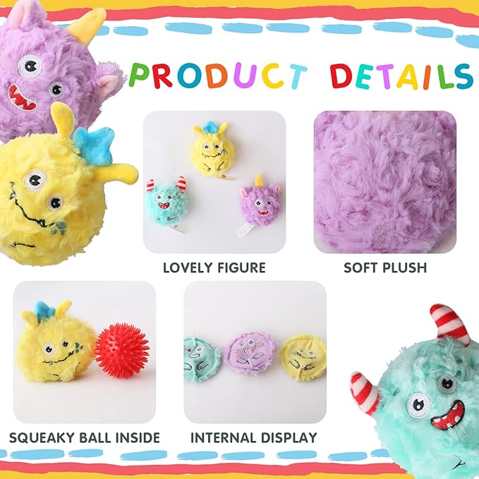 DKING 3Pack Squeaky Dog Balls,2 in1 Funny Puppy Ball Toys,Birthday Dog Toy for Small Medium Dogs (Monster Ball)-Mewly Pet