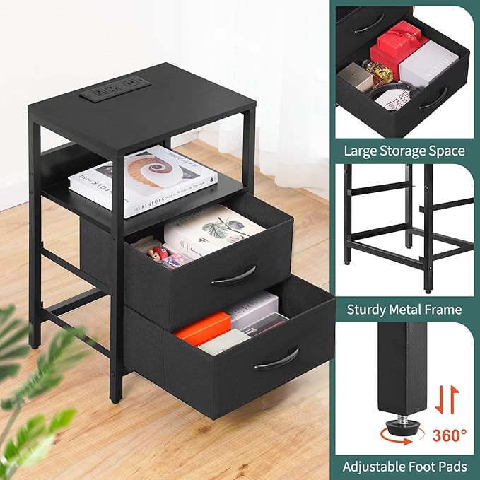 Yoobure Nightstand with Charging Station, LED Night Stand with Fabric Drawers and Storage Shelf for Bedroom, Nightstands Bedside Tables with USB Ports & Outlets, Small Night Stands, Bed Side Table
