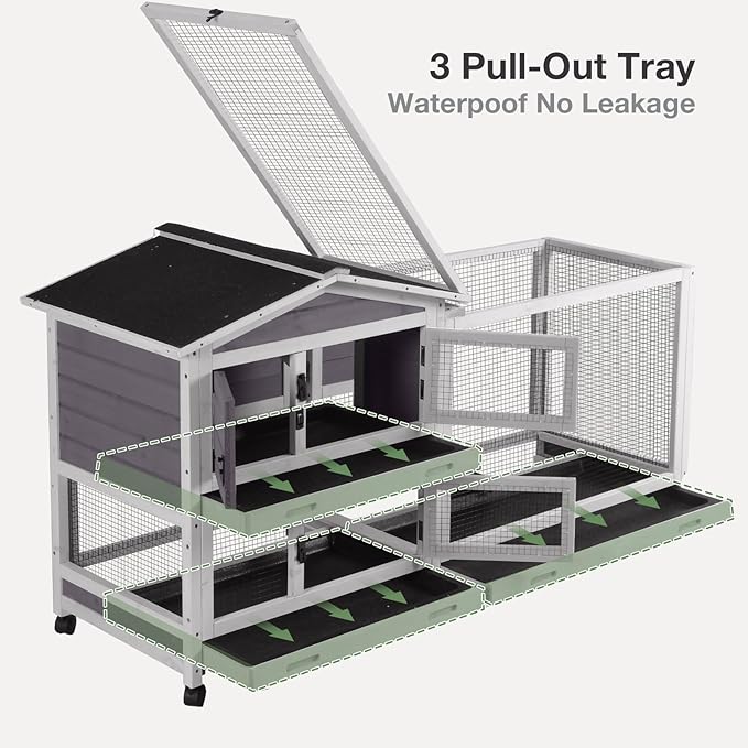 2-Story Indoor Rabbit Hutch with Chew-Proof Outdoor Rabbit Cage with 6 Locking Casters Bunny Cage 2 Pull-Out Trays Guinea Pigs Cage 62"-Mewly Pet