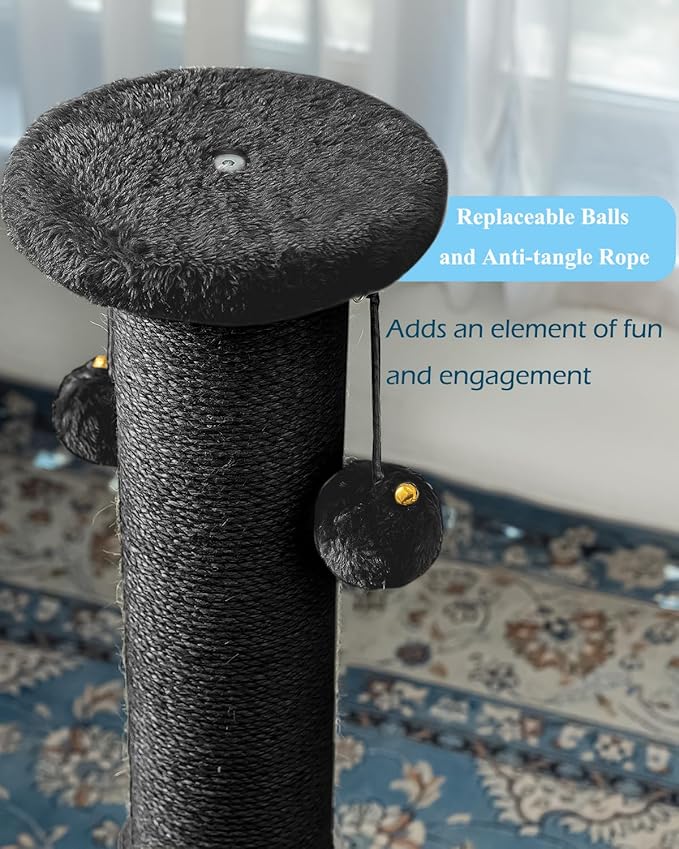 Kilodor 34Inch Tall Cat Scratching Post,4.3Inch Diameter Large Sisal Cat Scratch Post with Ball, Sturdy and Durable Cat Scratcher for Indoor Cats Adults Black-Mewly Pet