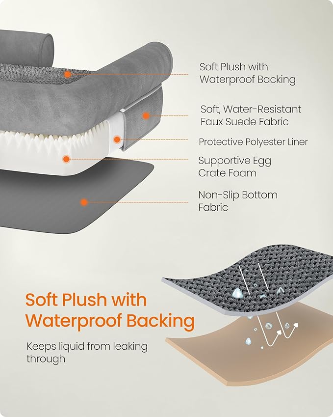 Feandrea Orthopedic Dog Bed, Large Dog Bed Waterproof, Removable Washable Cover Sofa with Non-Slip Bottom, Raised Edges, 36 x 28 x 8 Inches, Light Gray UPGW067G02-Mewly Pet