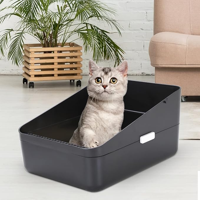 Sfozstra Open Top Litter Box: Black Medium Size with High Sides & Anti Leak Design, Easy Clean Litter Pan for Home Cats-Mewly Pet