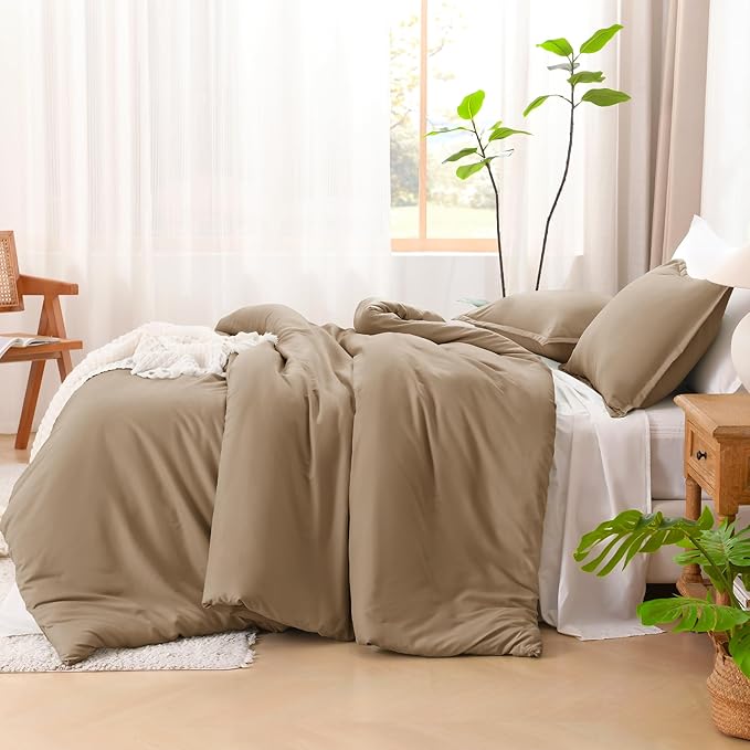 Litanika Comforters Taupe Super King Plus Size, 3 Pieces Lightweight Solid Bedding Set & Collections, All Season Fluffy Bed Set (128x120In Comforter & 2 Pillowcases)