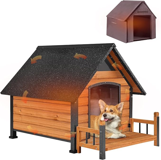 AIVITUVIN Outdoor Dog House with Anti-Chewing Iron Surround Insulated Liner Dog Kennel for Large Breed Dog Shelter Weatherproof (Brown 50.9" D x 37.4" W x 37.2" H)-Mewly Pet