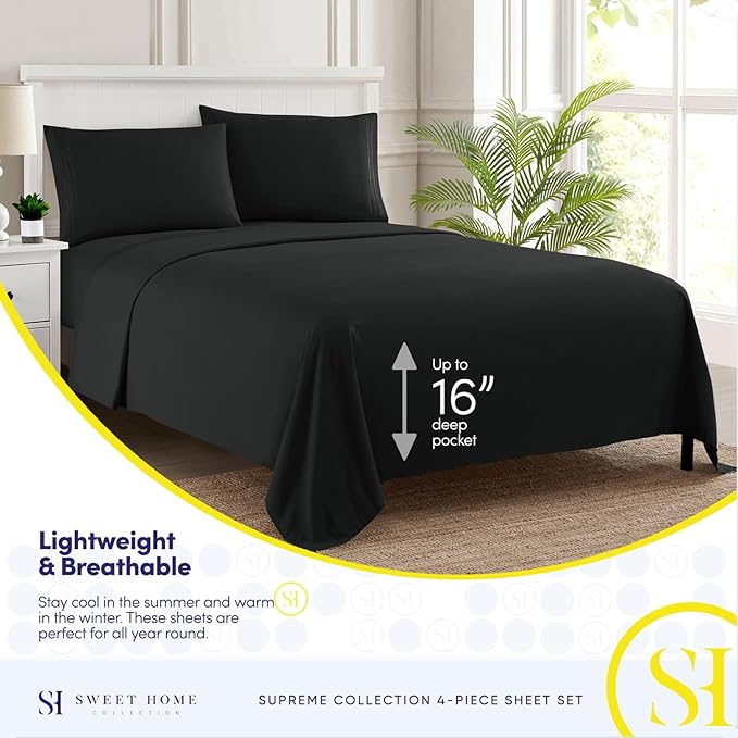 King Size Sheets - Breathable Luxury Bed Sheets with Full Elastic & Secure Corner Straps Built In - 1800 Supreme Collection Extra Soft Deep Pocket Bedding Set, Sheet Set, King, Black