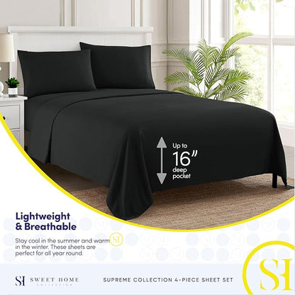 Twin XL Sheets - Breathable Luxury Sheets with Full Elastic & Secure Corner Straps Built In - 1800 Supreme Collection Extra Soft Deep Pocket Bedding Set, Sheet Set, Twin XL, Black