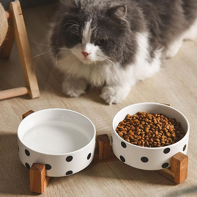 Petygooing Dog Bowls Ceramic, Cat Dog Bowl Set with Wood Stand for Food and Water,Non-Slip Cute Modern Pet Dishes for Cats Medium Size Dogs (28OZ/6.1 in) Black Dot-Mewly Pet