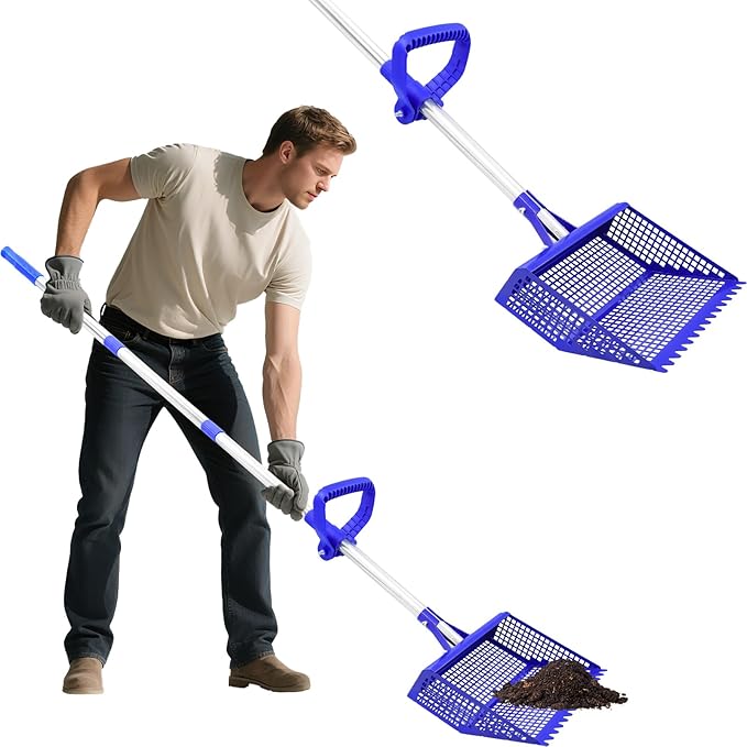 Chicken Poop Scooper Rake 2-in-1, Metal Shovel Head Chicken Coop Accessories, Adjustable 304 Stainless Steel Handle, Litter Scooper Sand Sifting for Chicken Coops Small Farm Animals(36" to 62")-Mewly Pet