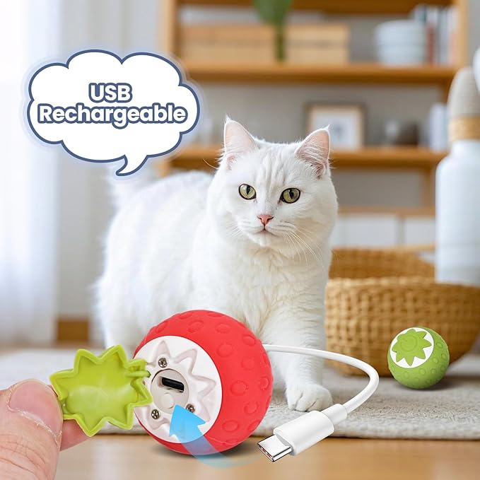 2Pcs Self-Moving Electric Cat Toy Ball with LED - Automatic Interactive Cat Toys for Indoor Cats, Smart Strawberry Design Stimulates Hunting Instincts, Boredom Relief & Exercise for Solo Play-Mewly Pet