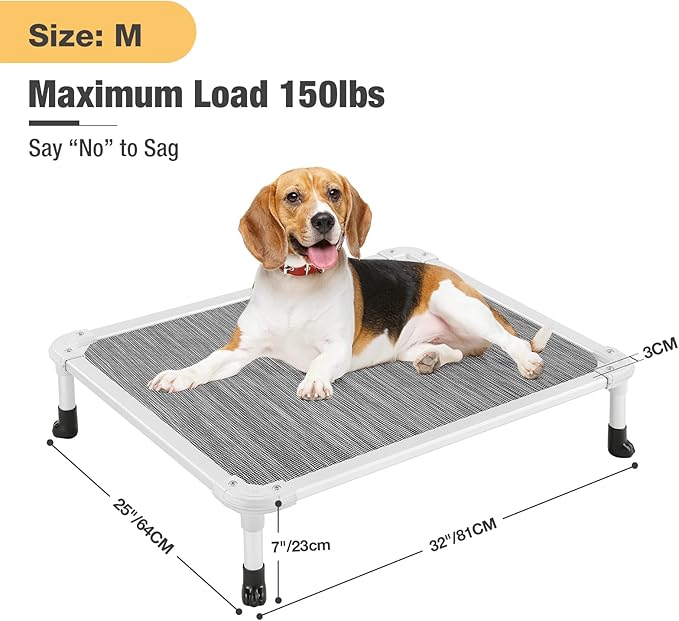 Veehoo Chew Proof Elevated Dog Bed - Cooling Raised Pet Cot - Silver Aluminum Frame and Durable Textilene Mesh Fabric, Unique Designed No-Slip Feet for Indoor or Outdoor Use, Black Silver, Medium-Mewly Pet