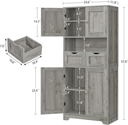 Iwell Tall Storage Cabinet with Adjustable Shelf, Bathroom Cabinet with 2 Drawers, Linen Cabinet for Living Room, Grey