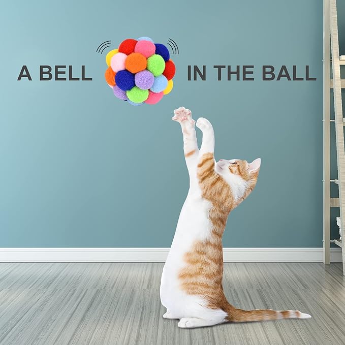 TUSATIY Cat Toy Balls with Bell 3PCS, Colorful Soft Fuzzy Balls Built-in Bell for Cats, Interactive Playing Chewing Toys for Indoor Cats and Kittens-Mewly Pet