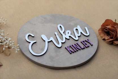 Custom Round Nusery Name Sign, Personalized 3D Baby Name Announcement Sign, Personalized Wooden Wall Plaque, 3D Wall Art for Children & Kids Rooms, Family Name Signs, 30 Colors (Design 8)