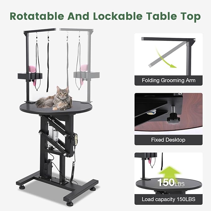 Electric Hydraulic Lift Pet Dog Grooming Table, 24Inch 360° Rotating Grooming Desktop for Small Dogs, with Overhead Arm, Wireless Remote, Tool Organizer, Black-Mewly Pet