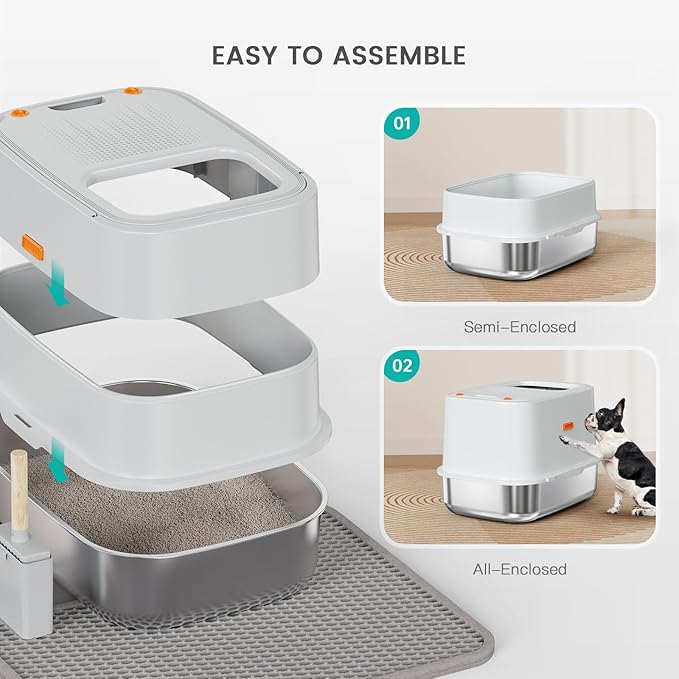 XL Stainless Steel Cat Litter Box Top Entry Extra Large Metal Litter Box with High Side for Big Cats, Multiple Cats, No Odor, Easy to Clean, Anti-Urine Leakage, Dog-Proof, Non-Sticky（Grey）-Mewly Pet