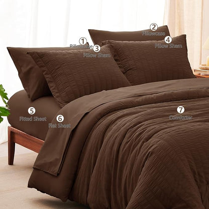 CozyLux Queen Comforter Set Brown Seersucker 7 Pieces Bed in a Bag Queen Comforter Set with Sheets, Luxury Soft Bedding Set with Down Alternative Comforter, Sheets, Pillowcases & Shams for All Seasons