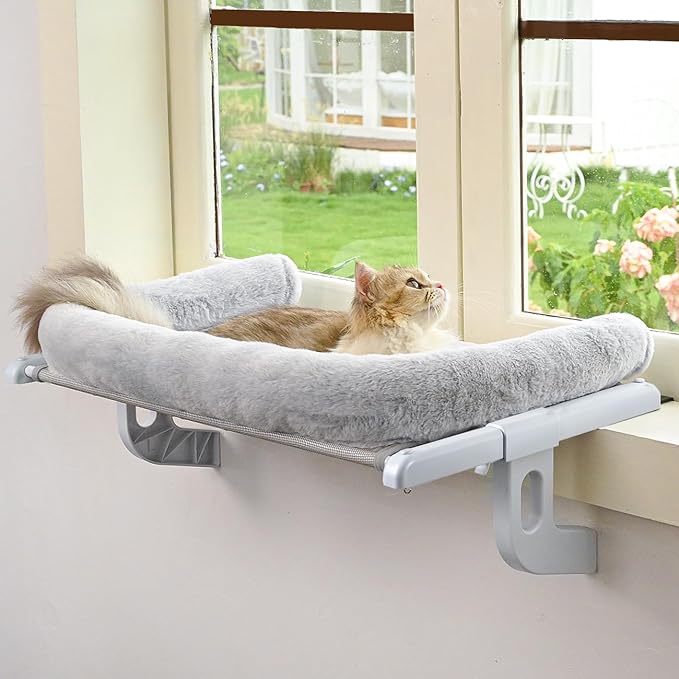 Cat Window Sill Perch with Large Bolster, Easy to Adjust & Assemble Cat Window Seat for Windowsill & Bedside, Pet Hammock Bed for Large Cats and Kittens (Grey, L)-Mewly Pet