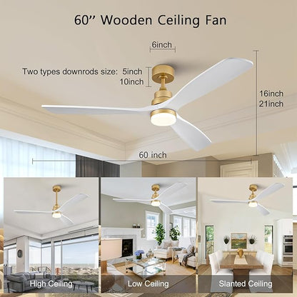 BOJUE 60 Inch Wood Ceiling Fans with Lights and Remote, White Gold Outdoor Ceiling Fan with Light, Dimmable 3 Blades Outdoor Fans for Patios Noiseless Modern Ceiling Fans for Bedroom Living Room