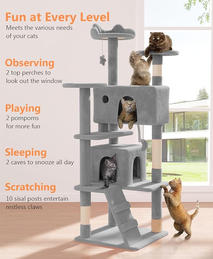 60'' Cat tree Tower for Indoor Cats Large Adult,Cute/Tall Modern Cat Tree for Big Cats 20 lbs,Plush Multi-Level Cat Condo with Scratching Posts,Dangling Ball for fun play(Light Gray, 60 inch)-Mewly Pet