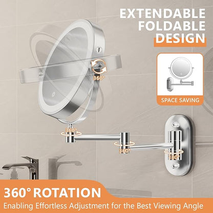 Auxmir 1X/30X Wall Mounted Makeup Mirror with Light, 8" Rechargeable Double-Sided Magnifying Mirror, Vanity Mirror Dimmable 3 Color Light, 360° Extension Rotation Foldable 14.5 Inch Arm, Chrome